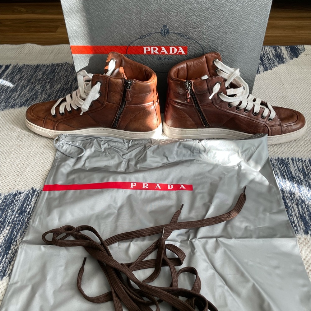 Prada -  Saffiano Brown Leather Hightops - Size 7